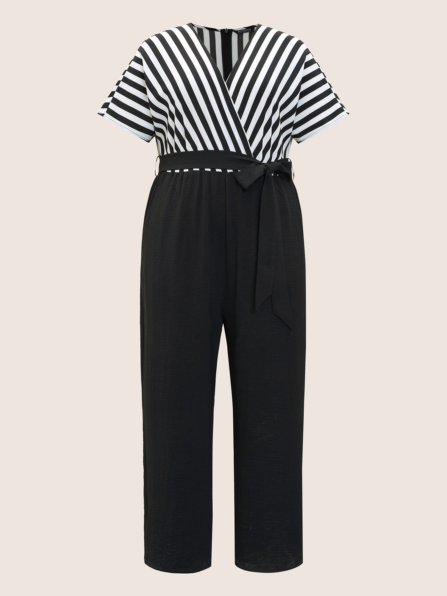 Striped Patchwork Pocket Batwing Sleeve Belted Wrap Jumpsuit