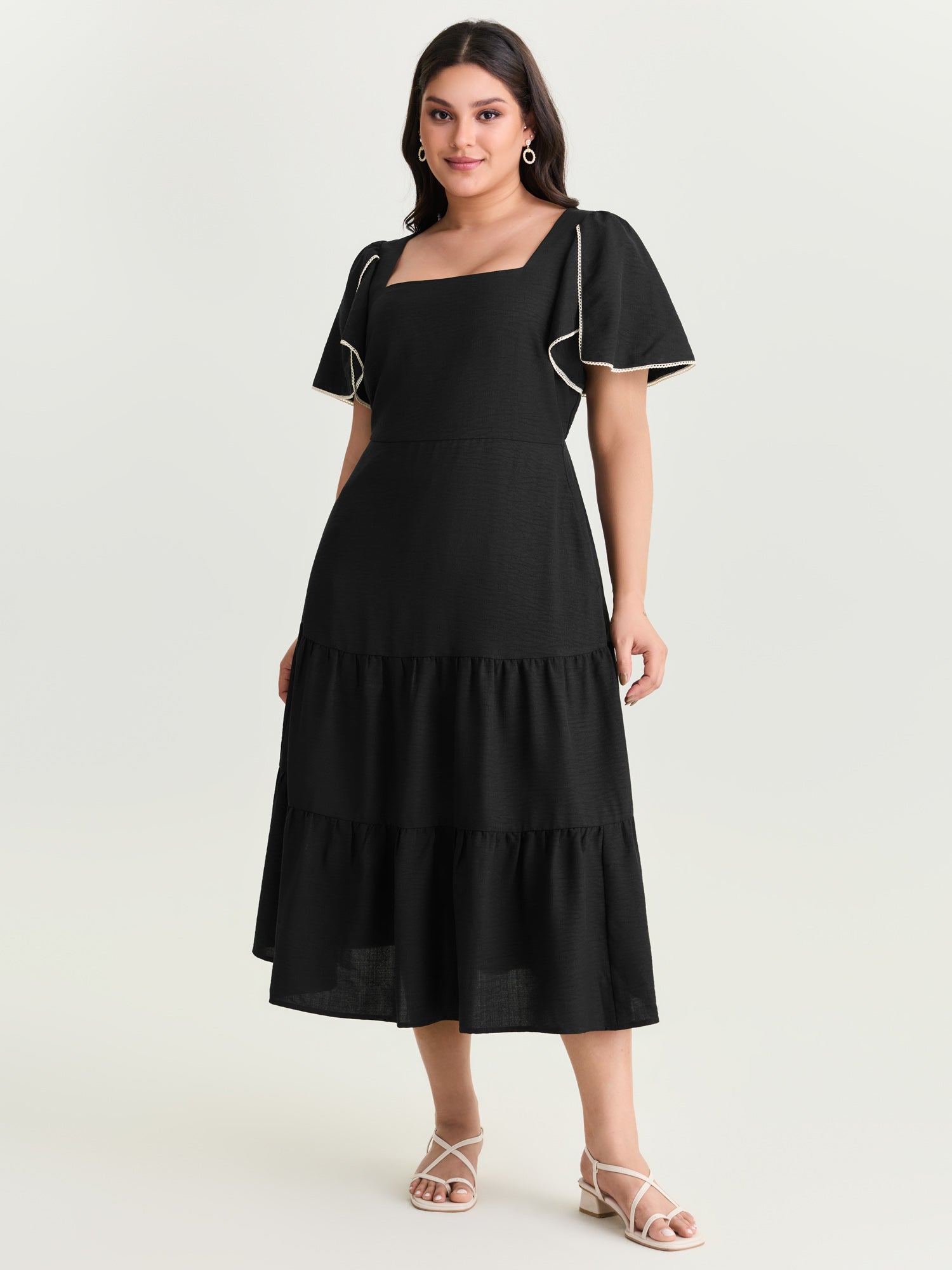 Color Contrast Petal Sleeve Maxi Dress