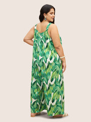Tropical Print Shirred Side Seam Pocket Jumpsuit