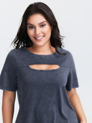 Cotton Vintage Wash Neck Cut-Out T-Shirt