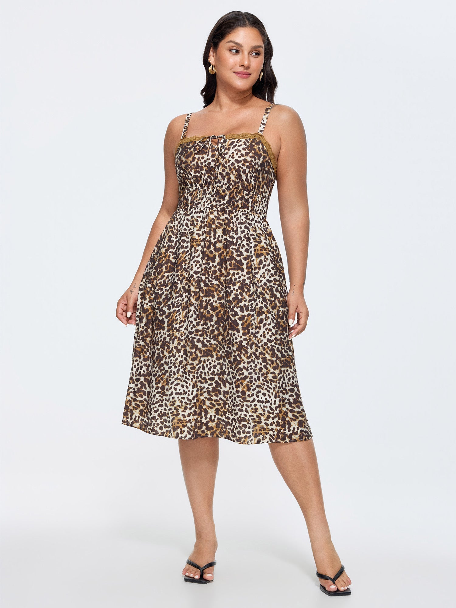Leopard Print Lace Trim Midi Dress
