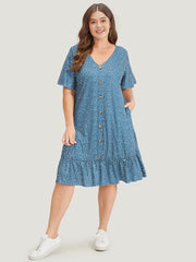 Water Drop Print Button Detail Ruffled Dress