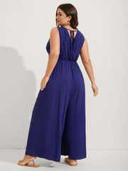 Rayon Floral Embroidery Stretchy Waist Jumpsuit