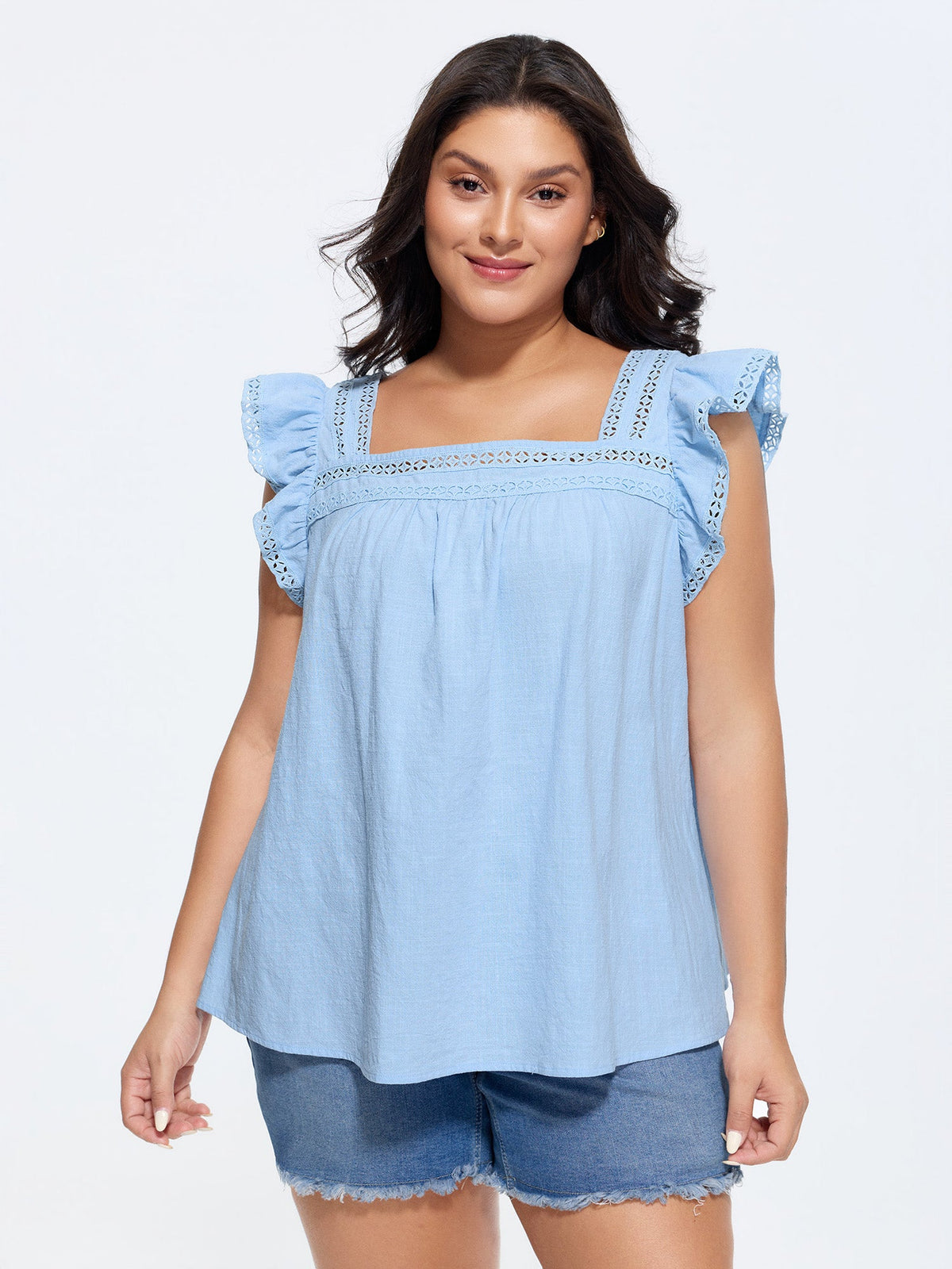 Cotton Ruffled Sleeve Lace Detail Top