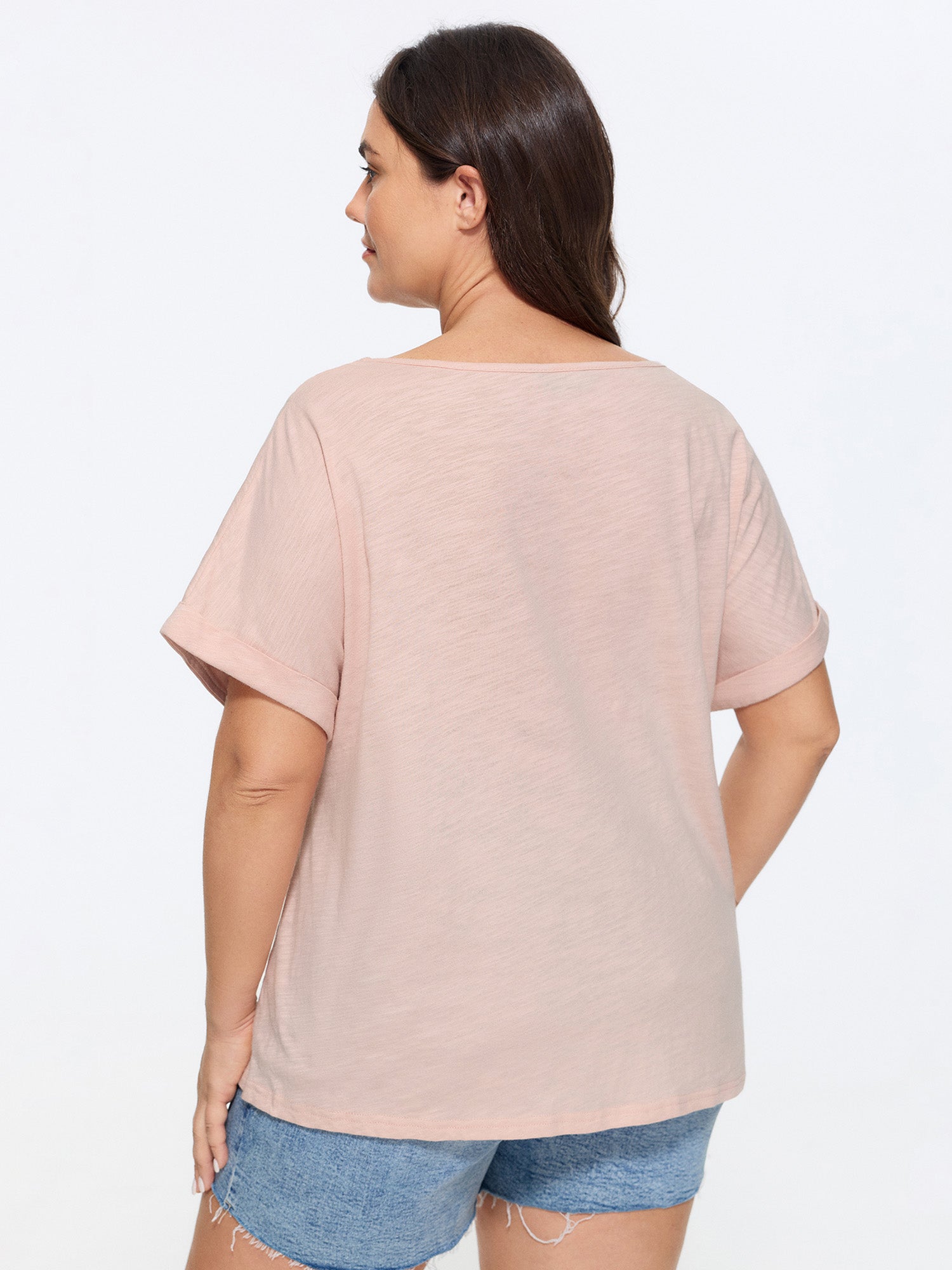 Cotton Lace Neckline Casual Plain T-Shirt