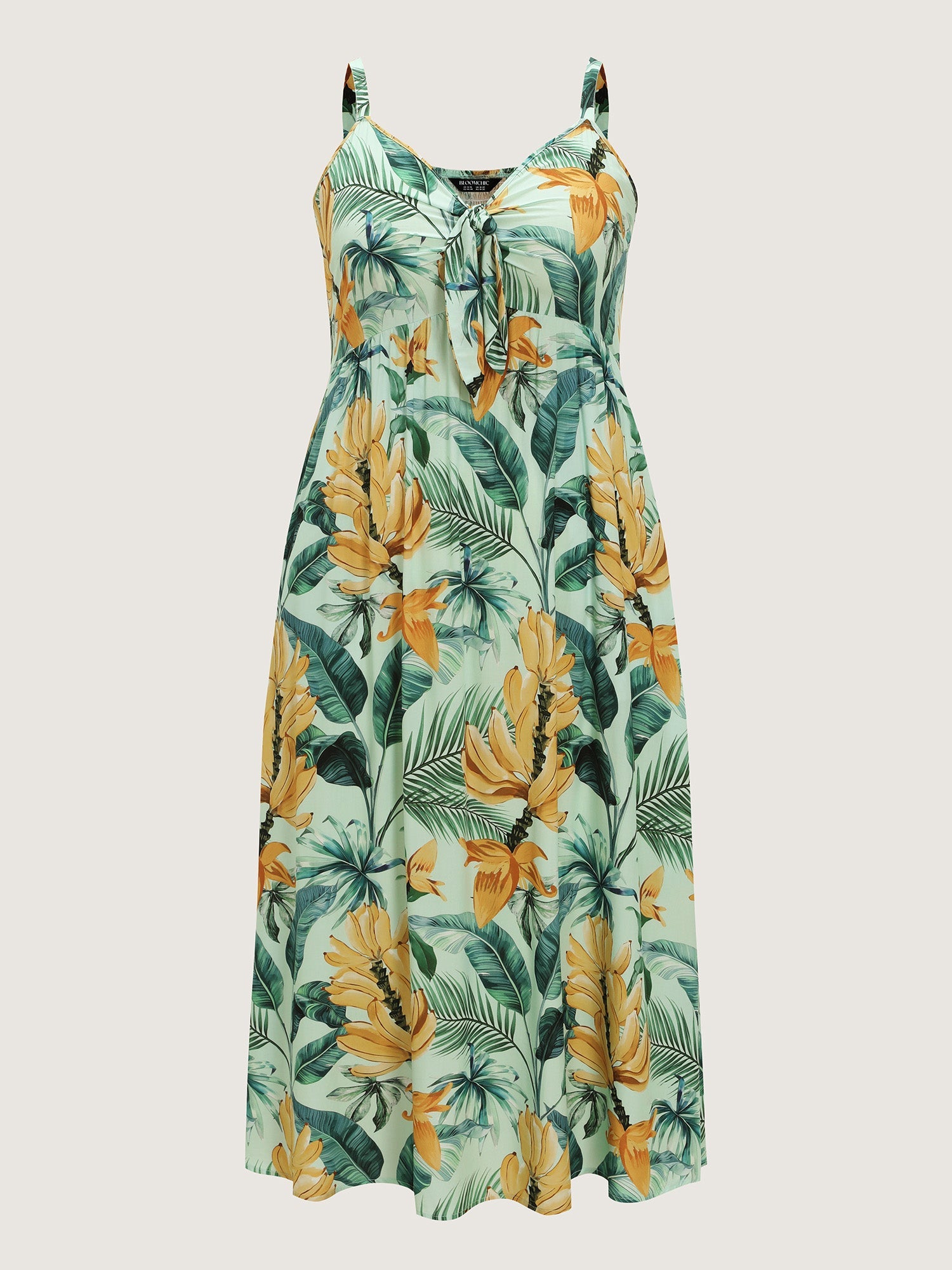 Tropical Print Shirred Knotted Front Maxi Dress