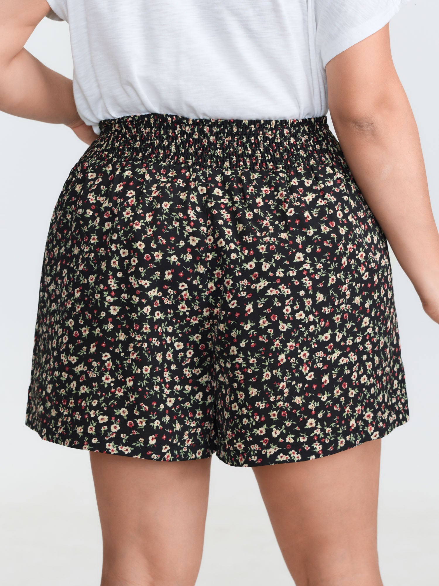 Micro Floral Print Shirred Waist Shorts