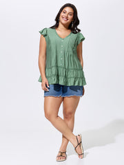 Everyday Pleated Lace Trim Blouse