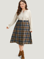 Plaid Button Detail Elastic Waist Woven Skirt