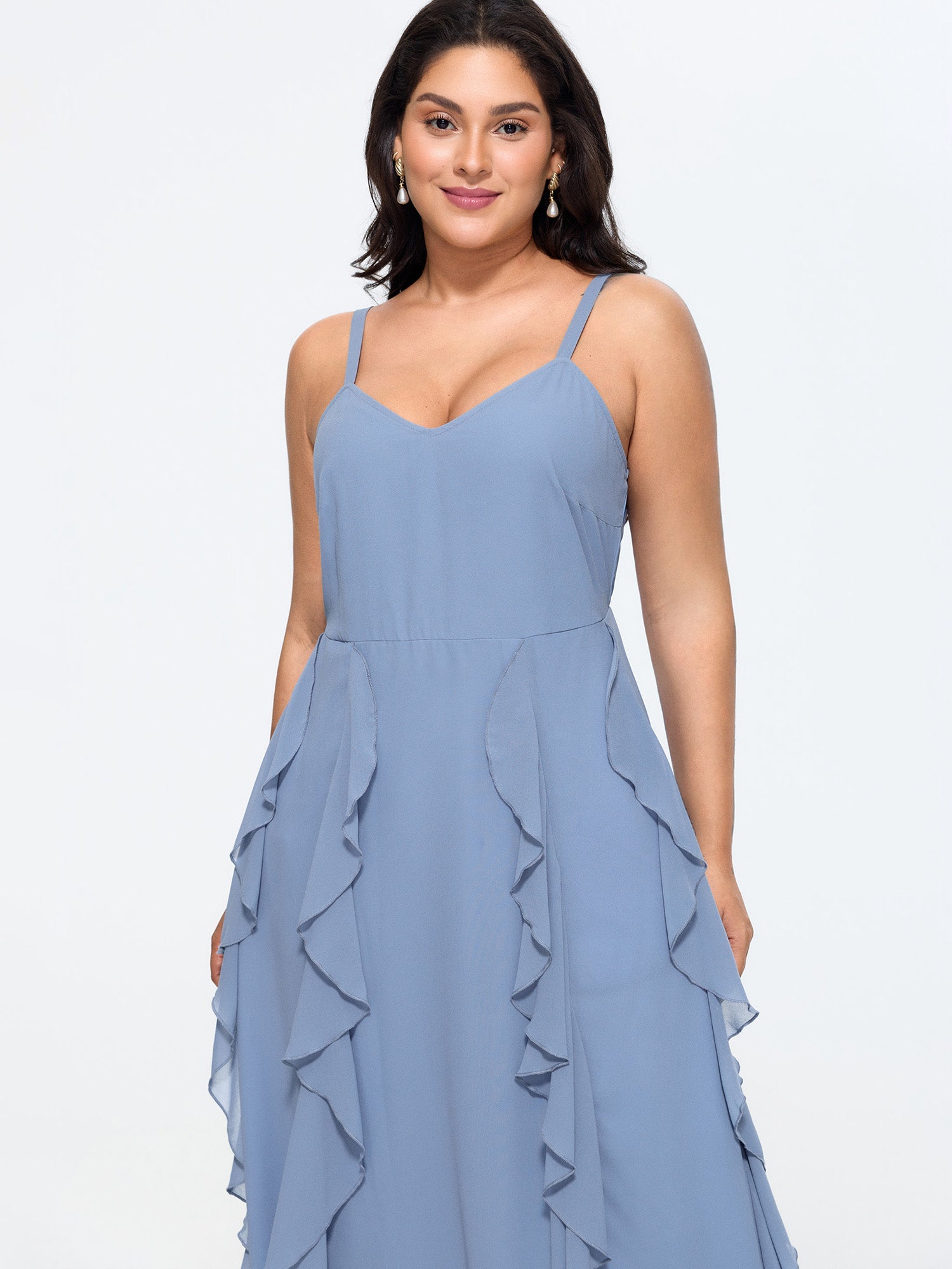 Ruffled Sides Shirred Flowy Midi Dress