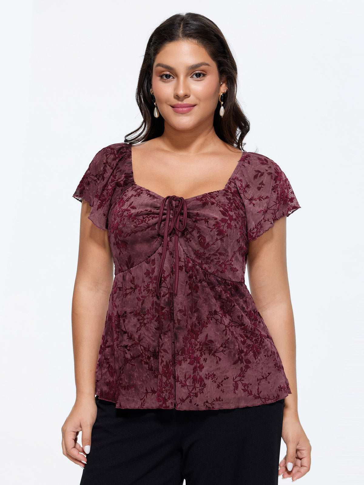 Floral Print Mesh Ruched Knit Top