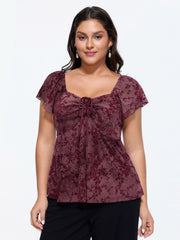 Floral Print Mesh Ruched Knit Top