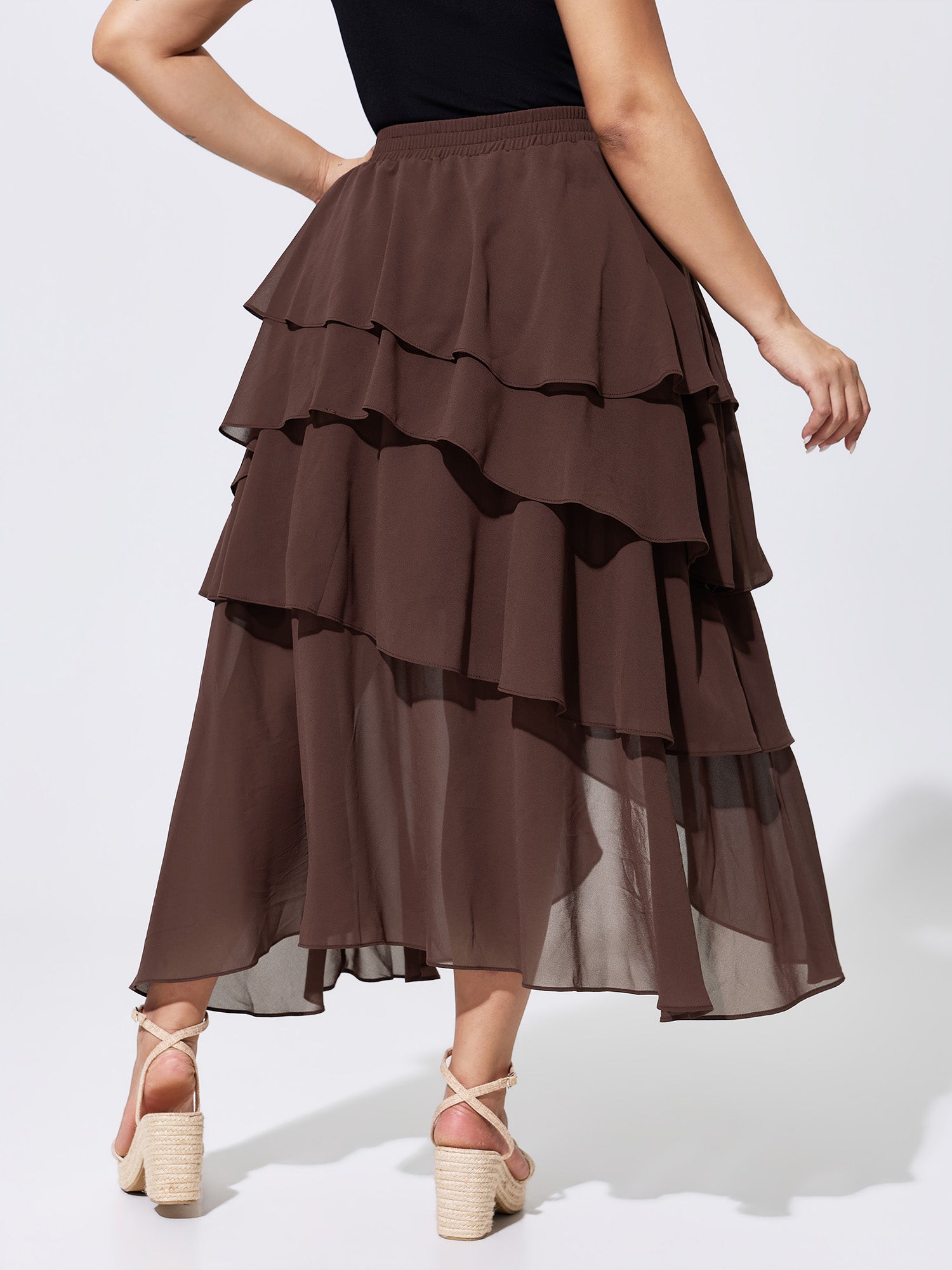 Ruffled Tiered Flowy Asymmetrical Maxi Skirt