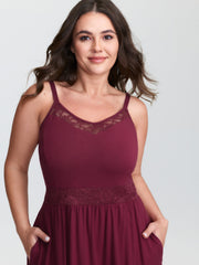 Lace Trim Sheer Neckline Pocket Nightgown