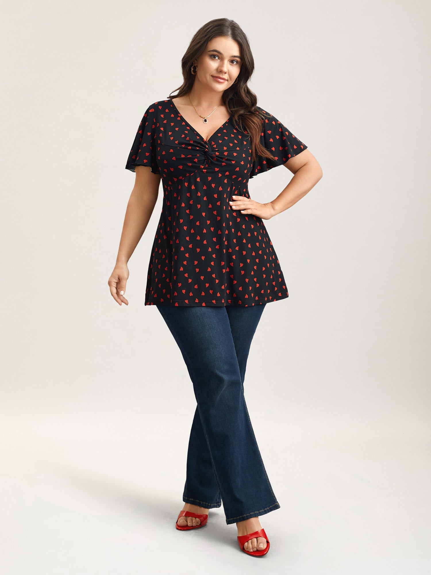 Heart Print Ruched Bust Stretchy Top