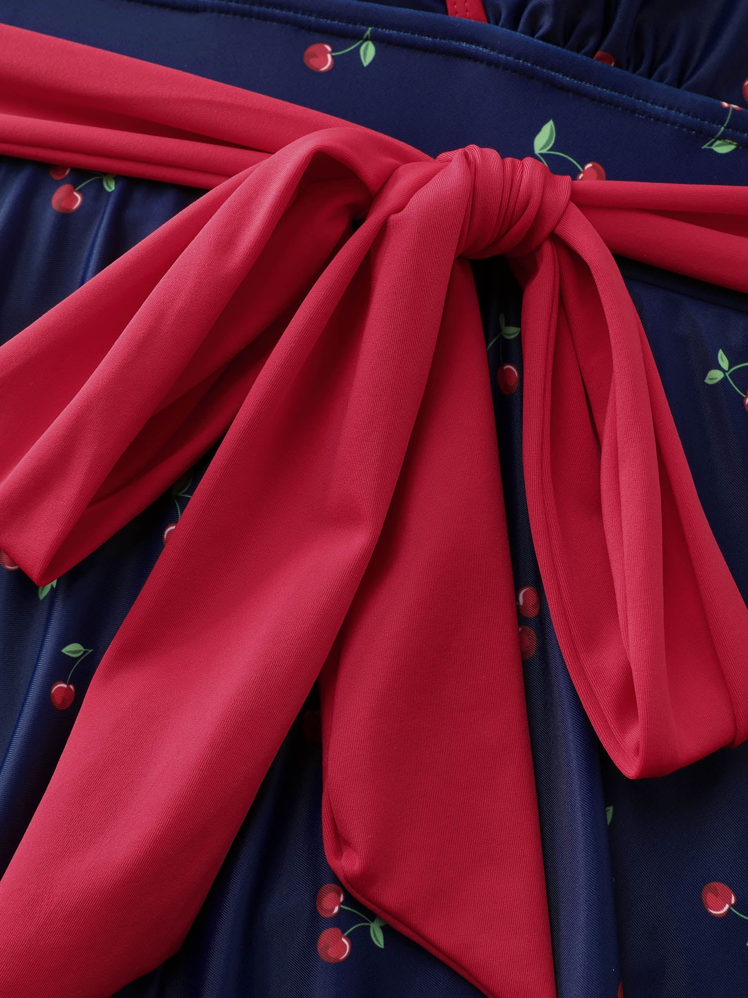 Cherry Print Belted Color Contrast Swim Dress
