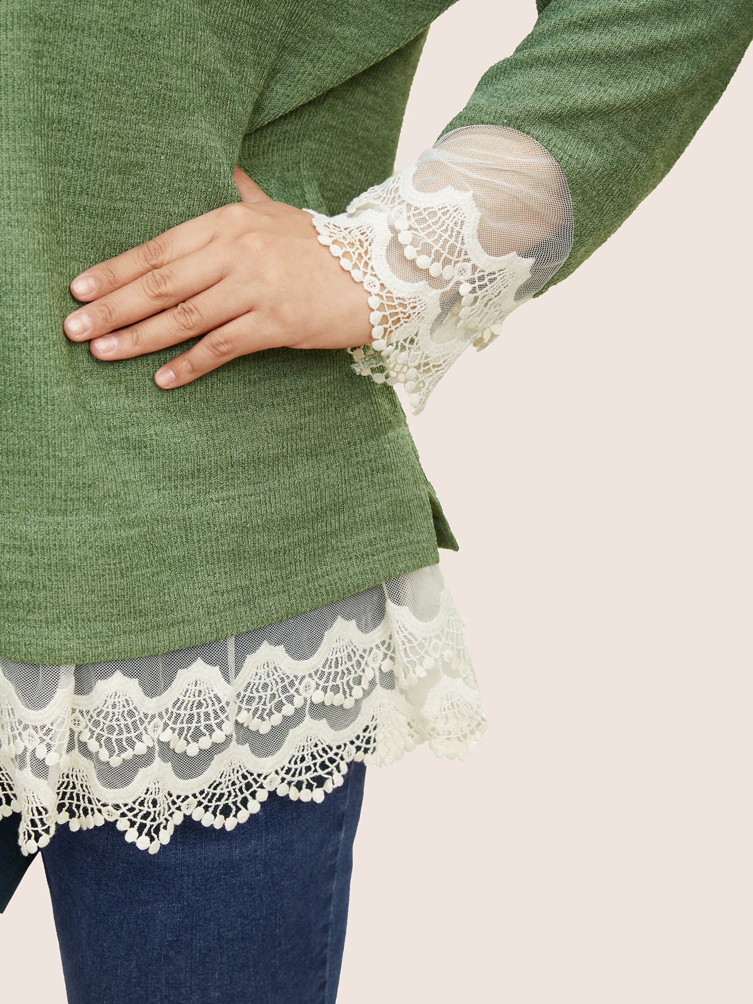 Guipure Lace Raglan Sleeve Plisse Sweatshirt