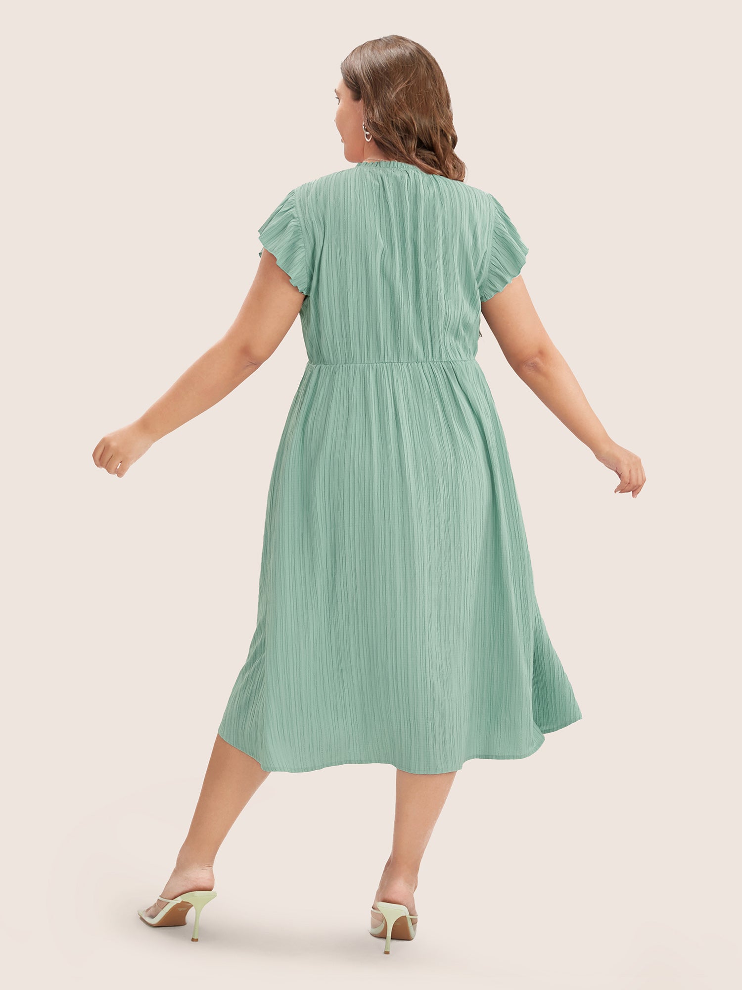 Plain Cap Sleeve Ruffles Trim Mock Neck Pocket Dress