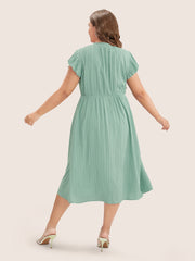 Plain Cap Sleeve Ruffles Trim Mock Neck Pocket Dress