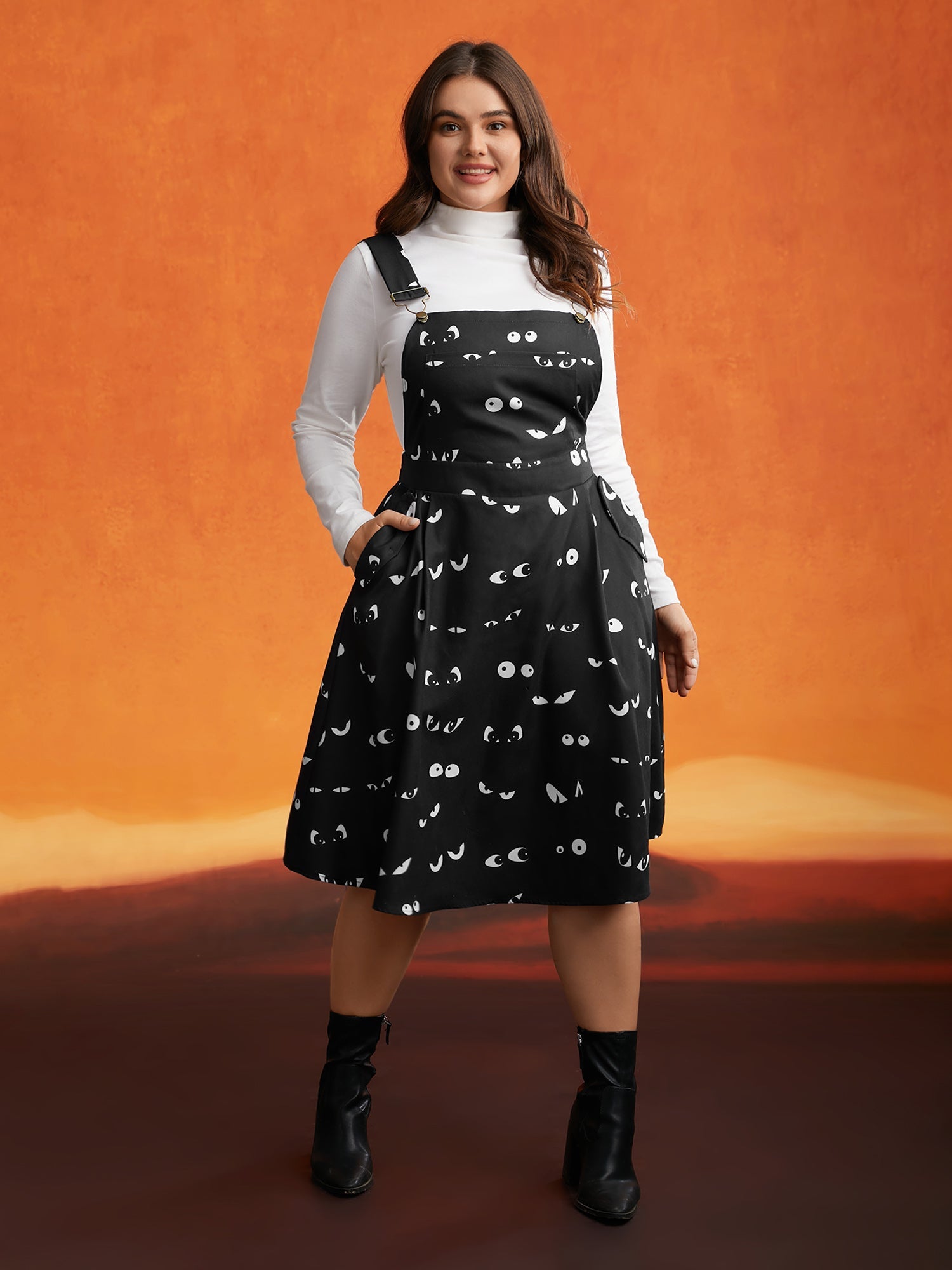 Bat Eyes Overall Straps Skirt Midi Dress