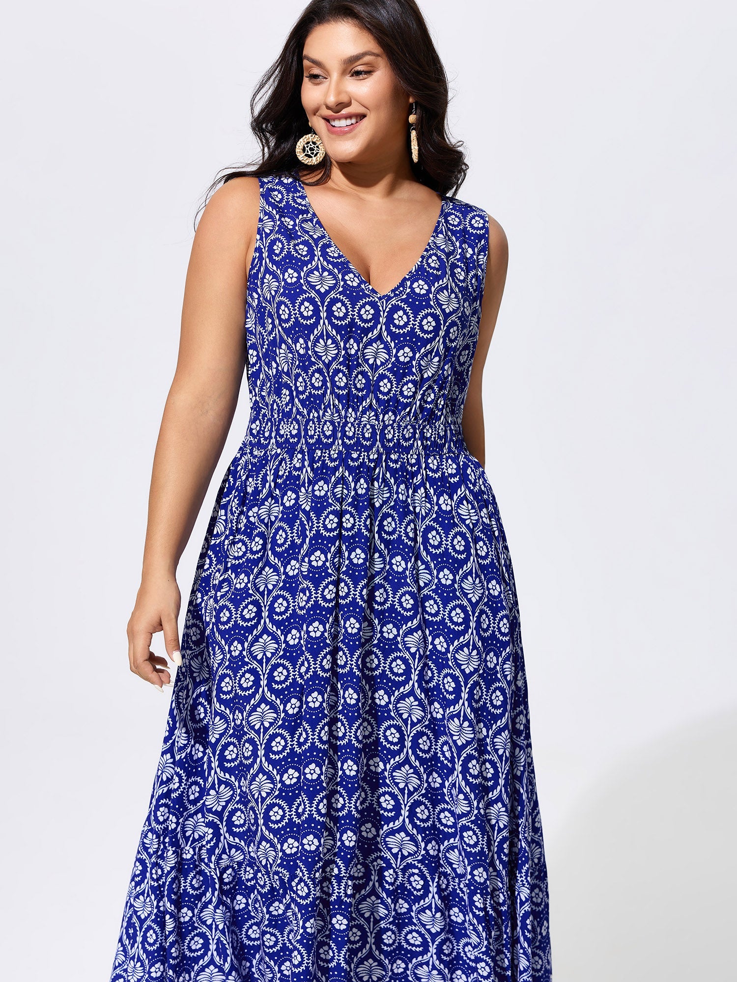 Geometric Print V-Neck Midi Dress