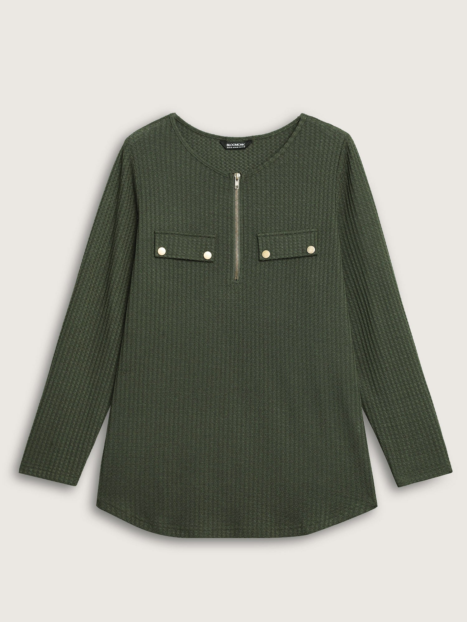 Half Zipper Flap Detail Pockets Knit Top