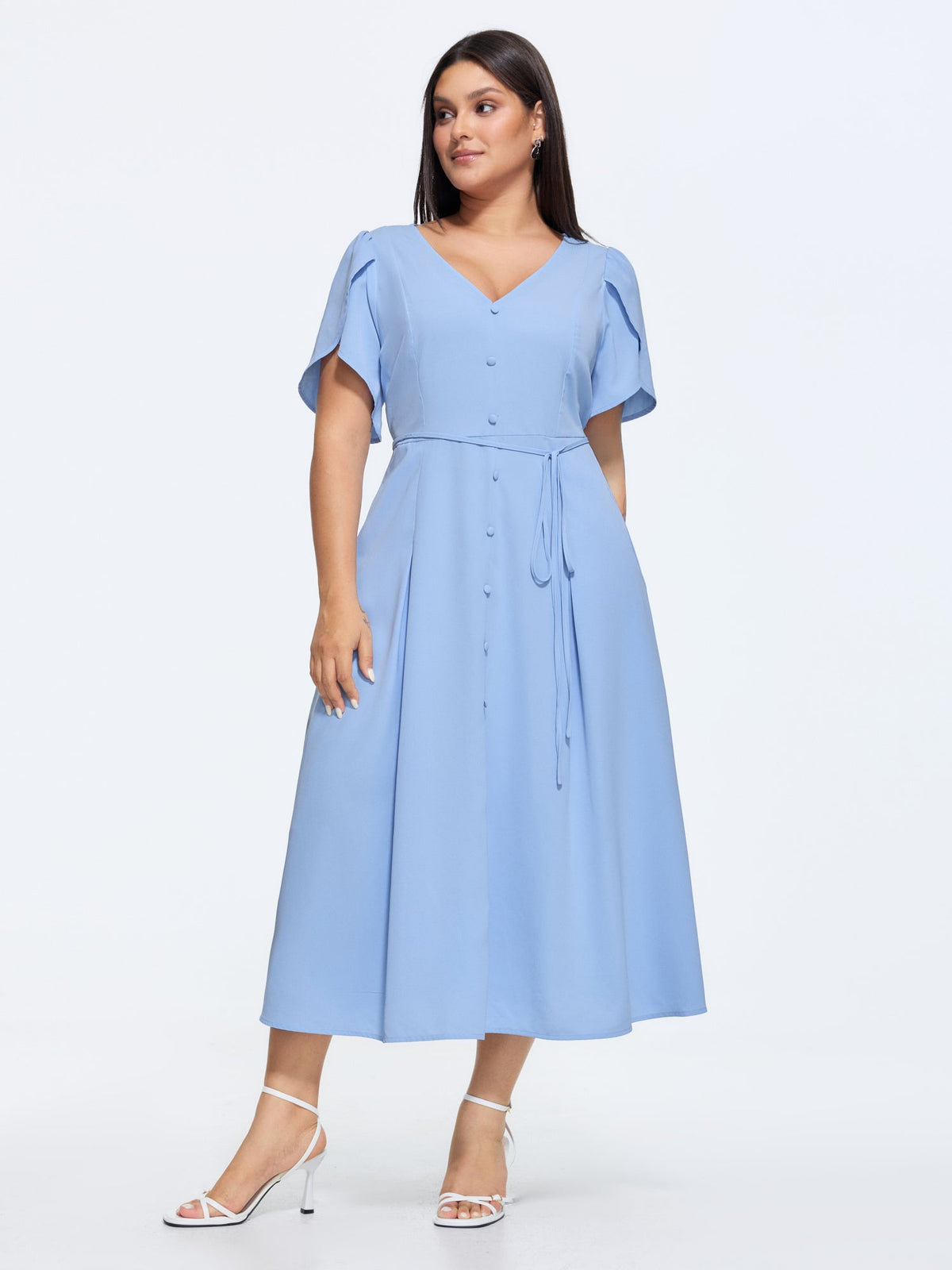 Petal Sleeve Drawstring Waist Plain Maxi Dress