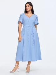 Petal Sleeve Drawstring Waist Plain Maxi Dress