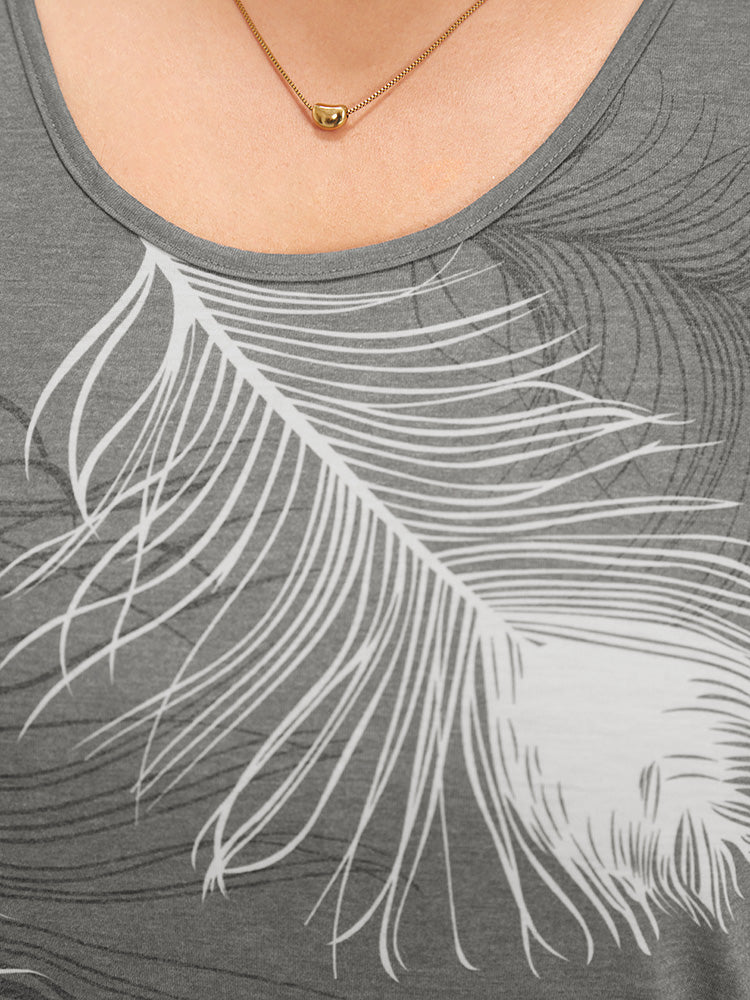Feather Print Cold Shoulder Crew Neck T-shirt