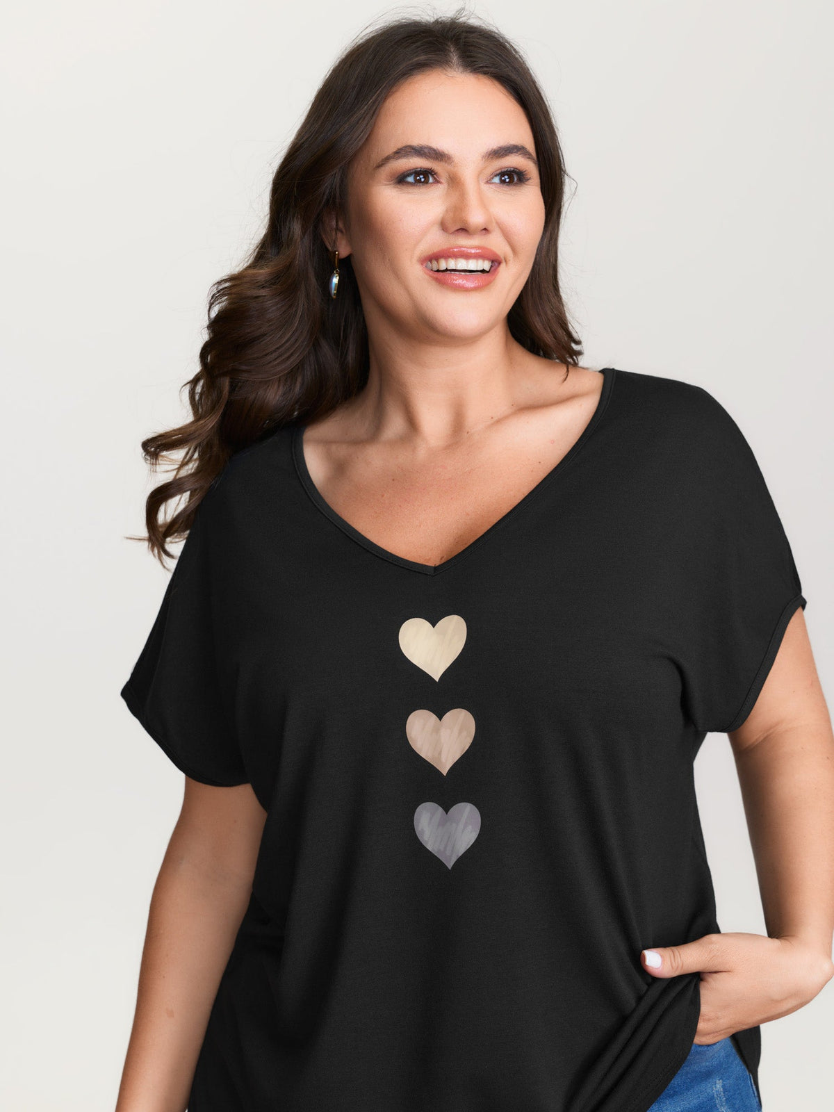 Heart Print Stretchy Dolman Sleeve T-Shirt