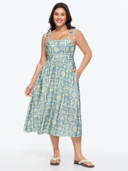 Ocean Print Shoulder-Tie Pleated Midi Dress