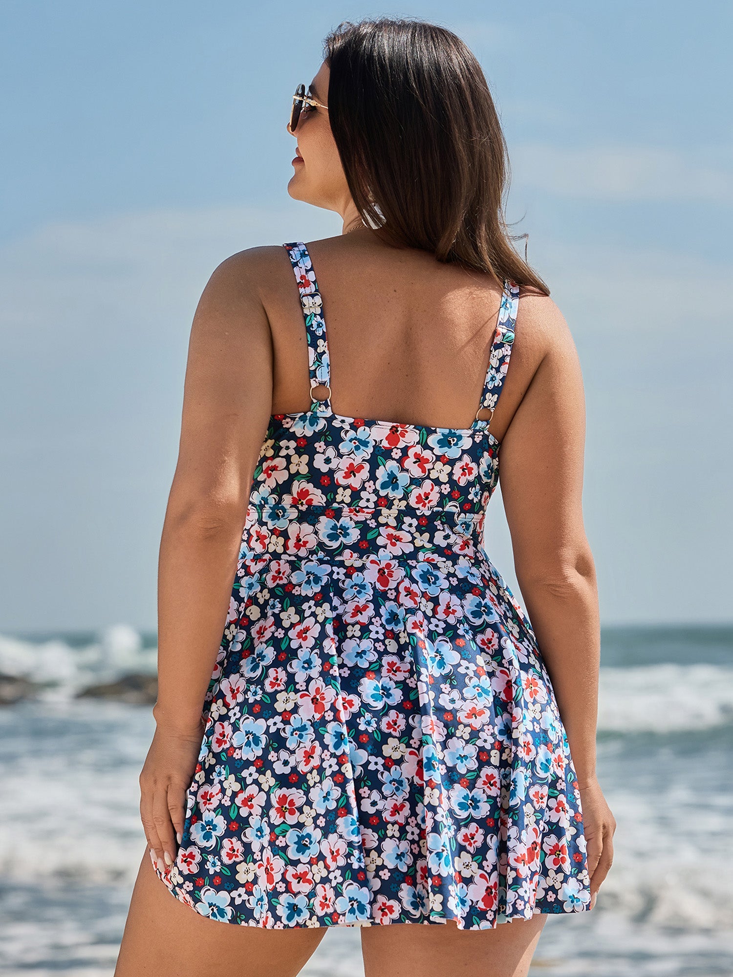 Floral Print Arc Hem Side Tie Swim Dress