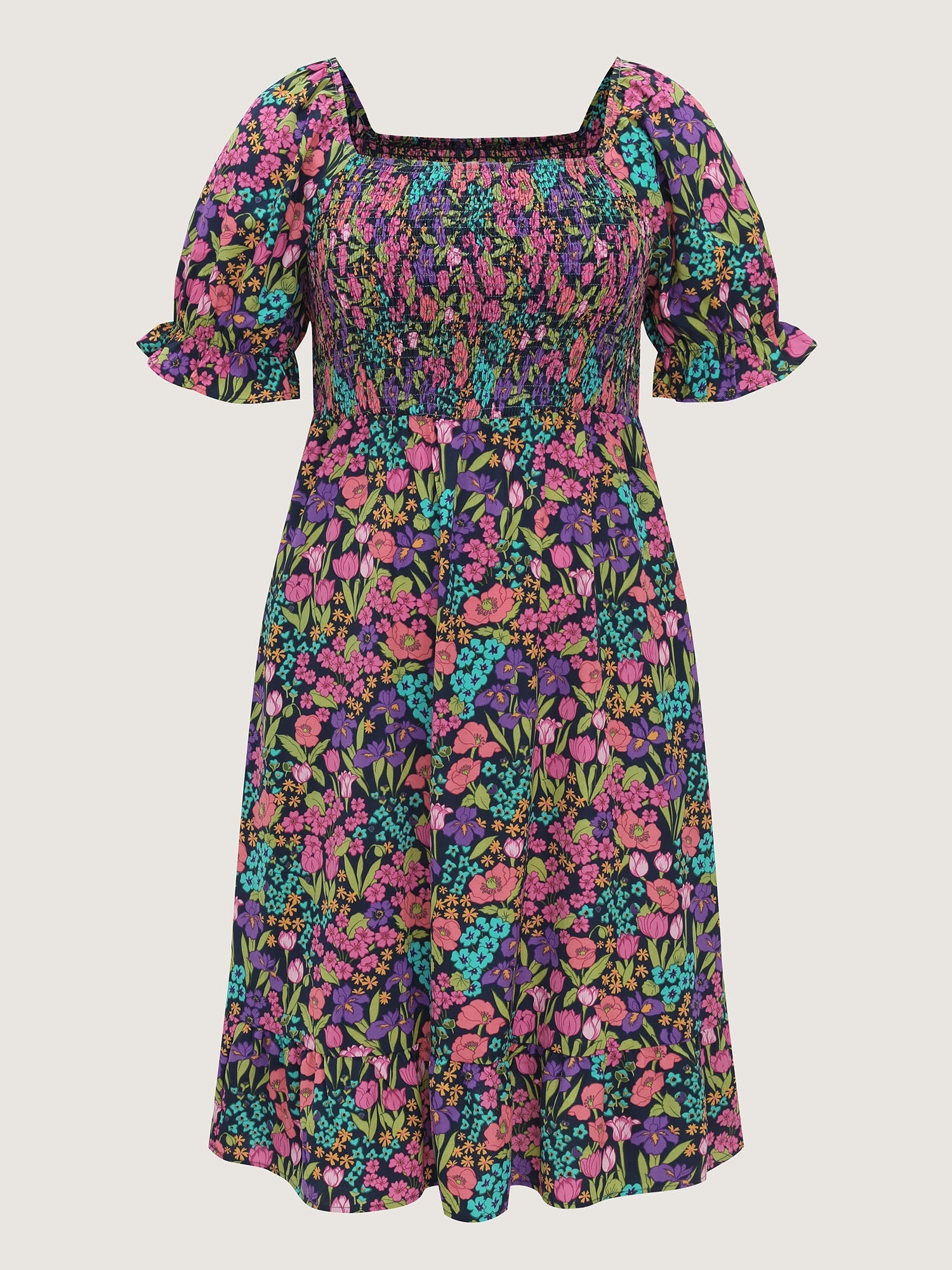 Playful Floral Print Shirred Midi Dress