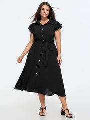 Layered Ruffled Sleeve Button Midi Dress