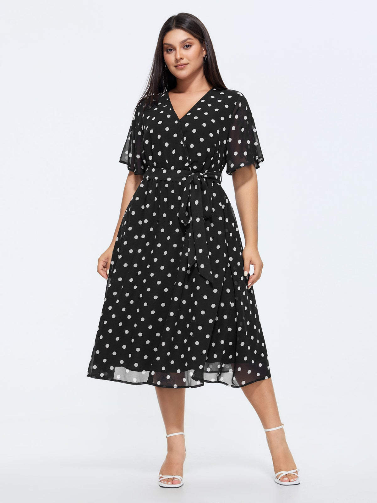 Polka Dots Print Pockets Midi Dress