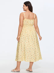 Micro Floral Print Shirred Midi Dress