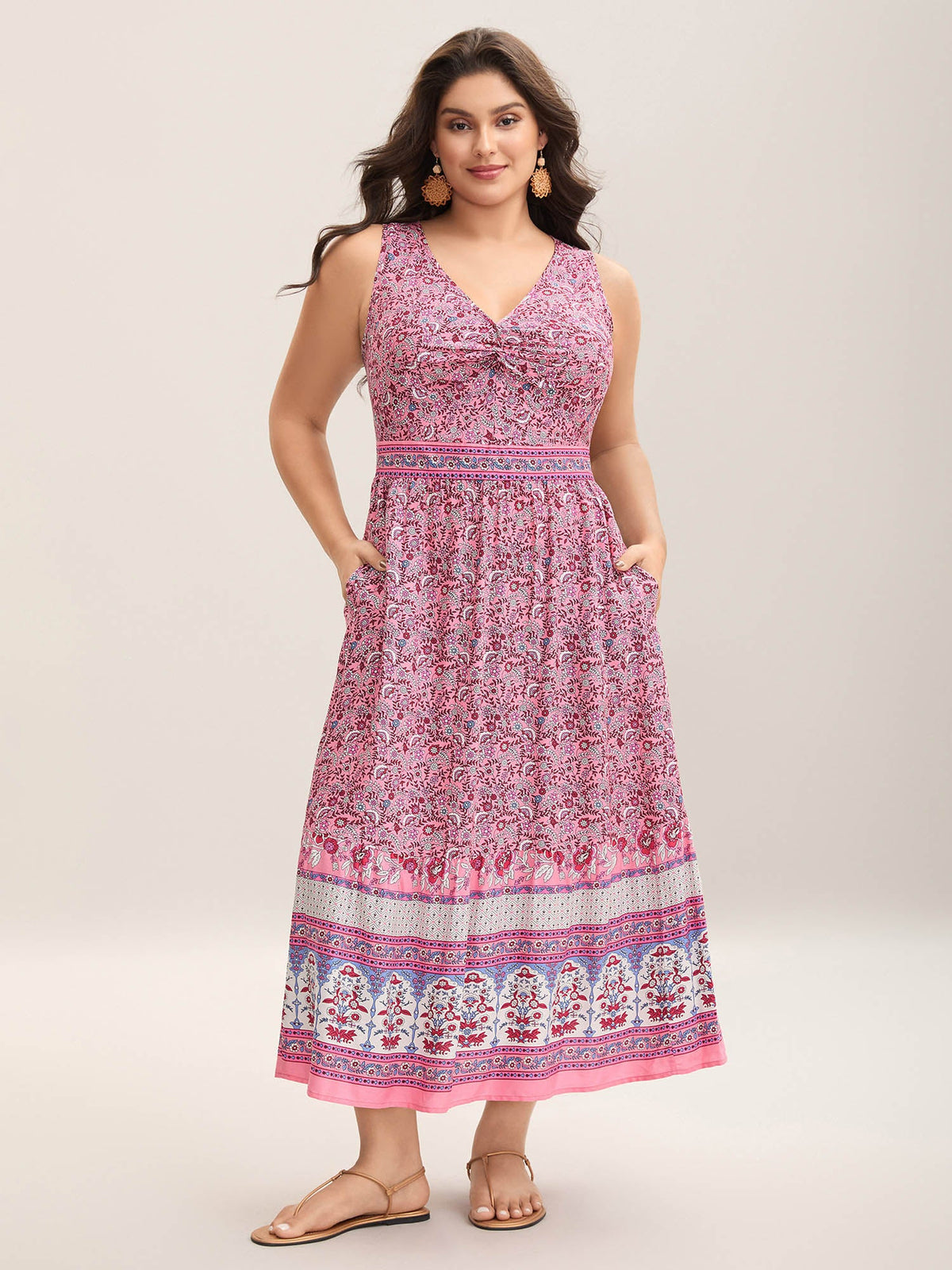 Rayon Floral Print Stretchy Waist Midi Dress
