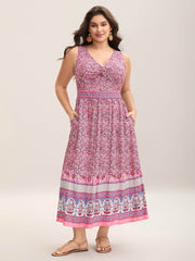 Rayon Floral Print Stretchy Waist Midi Dress