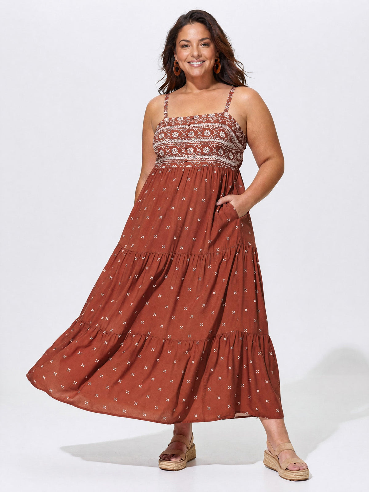 Geometric Print Pockets Tiered Maxi Dress