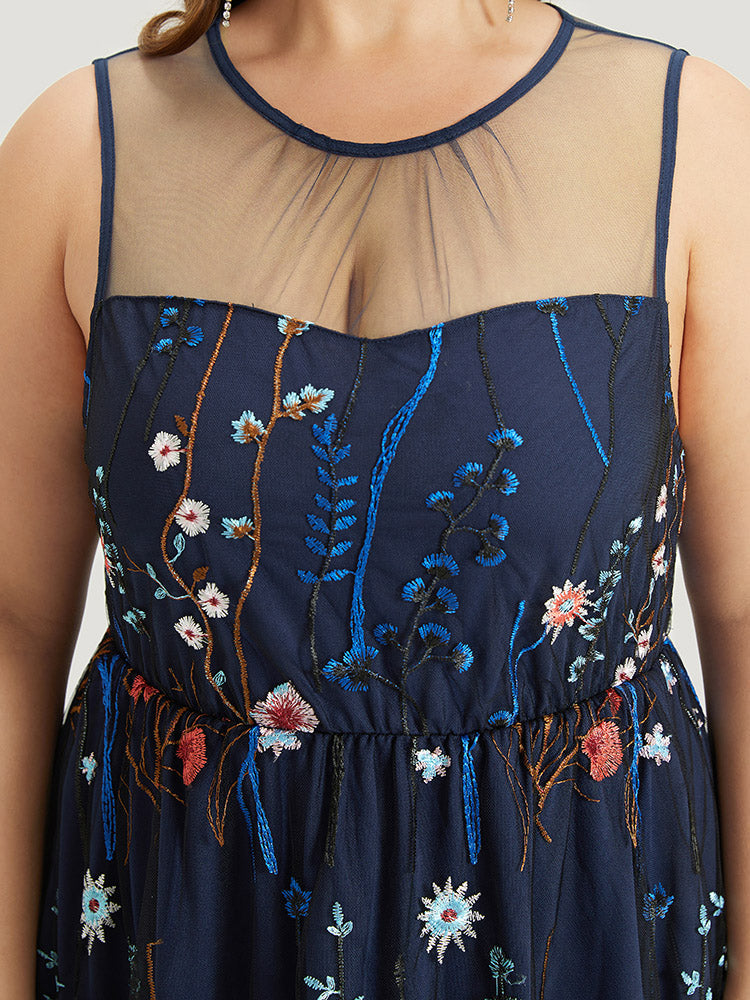 Plants Embroidered Mesh Patchwork Tank Dress