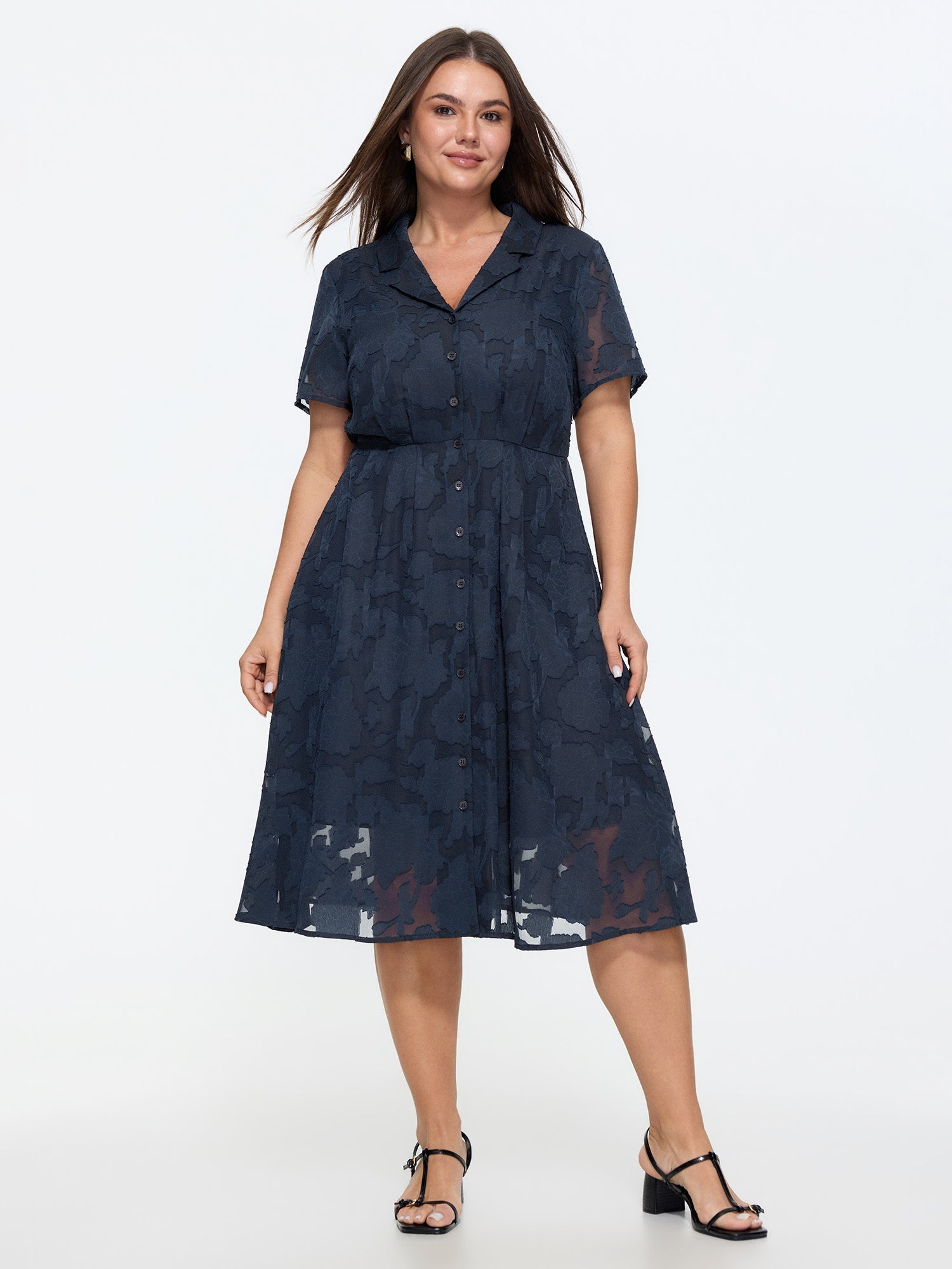 Floral Textured Lined Midi Shirt Dress