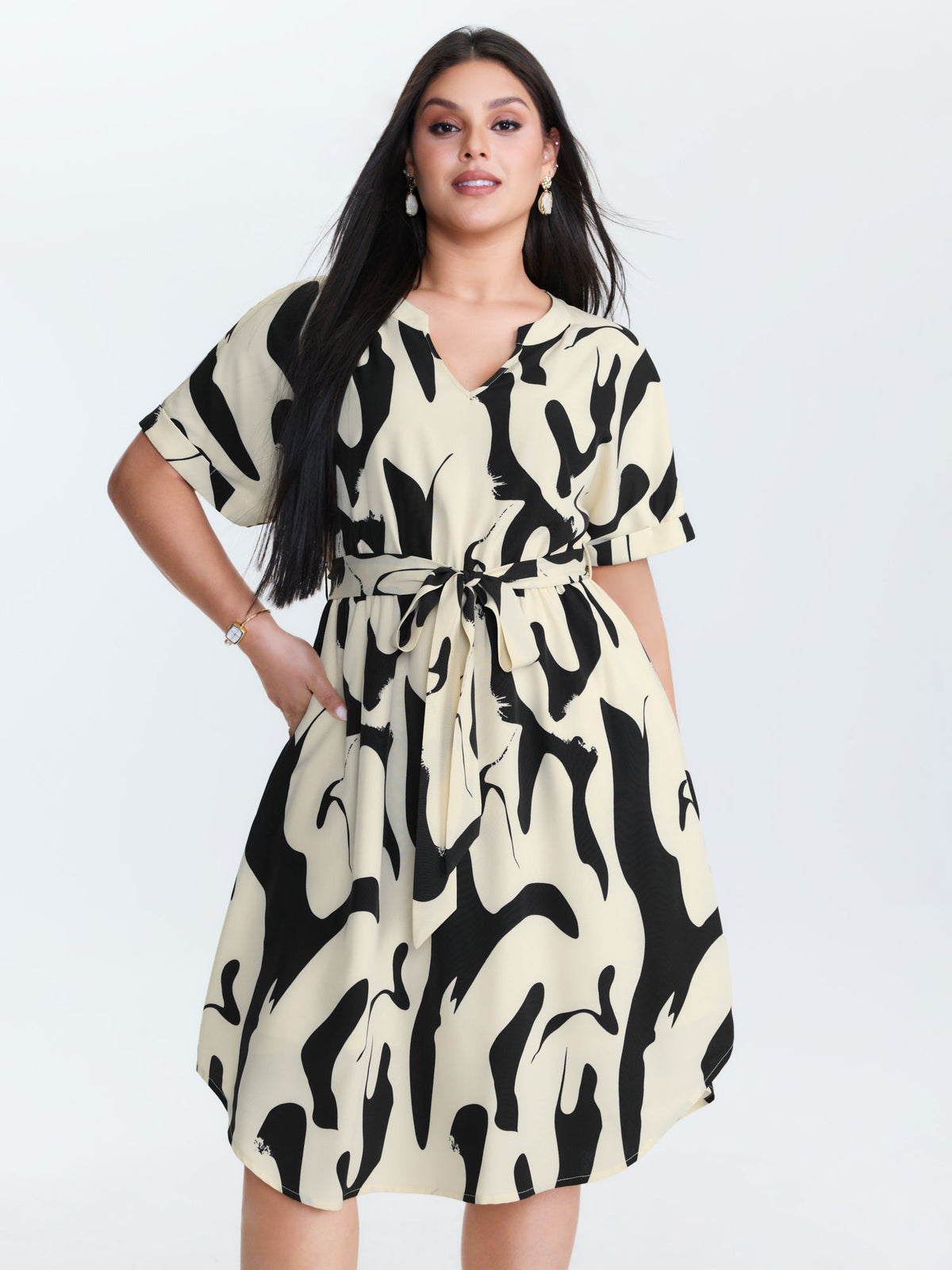 Abstract Print Waist-Tie Midi Dress