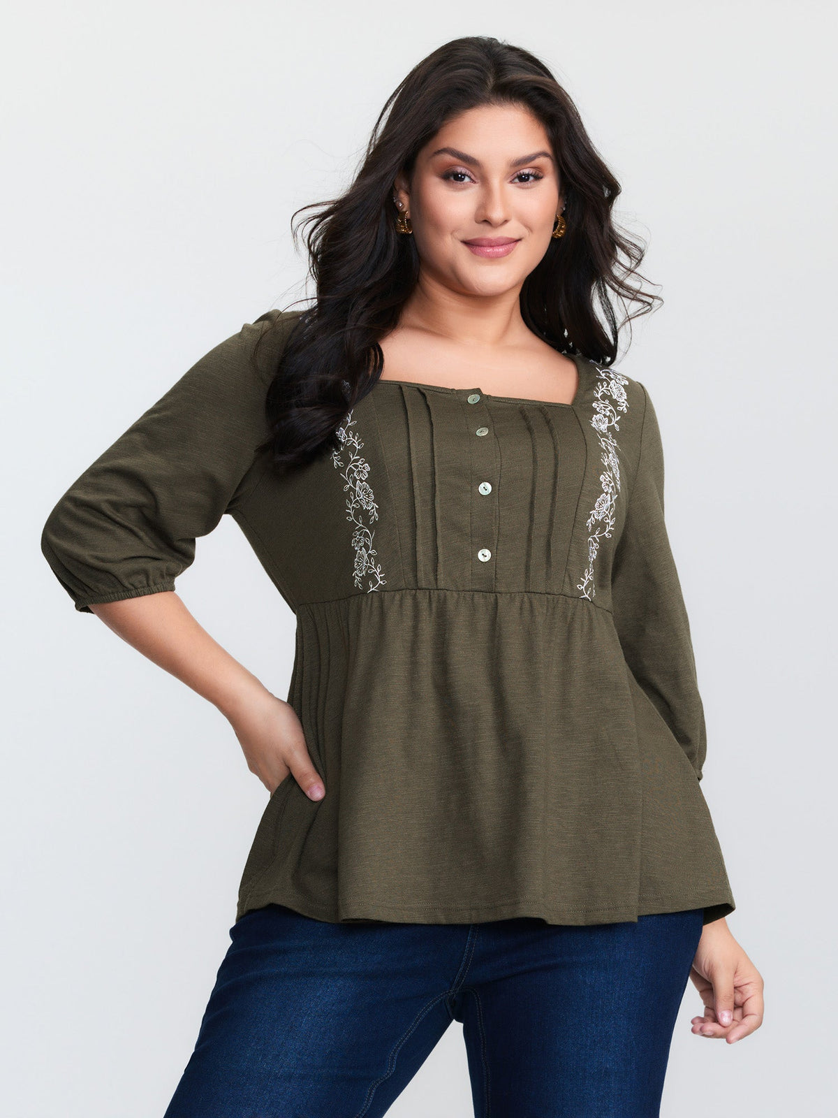 Floral Embroidered Square Neckline Button Top