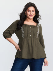 Floral Embroidered Square Neckline Button Top