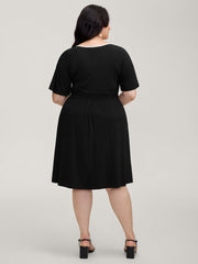 Neck Bow-Tie Contrast Pockets Midi Dress