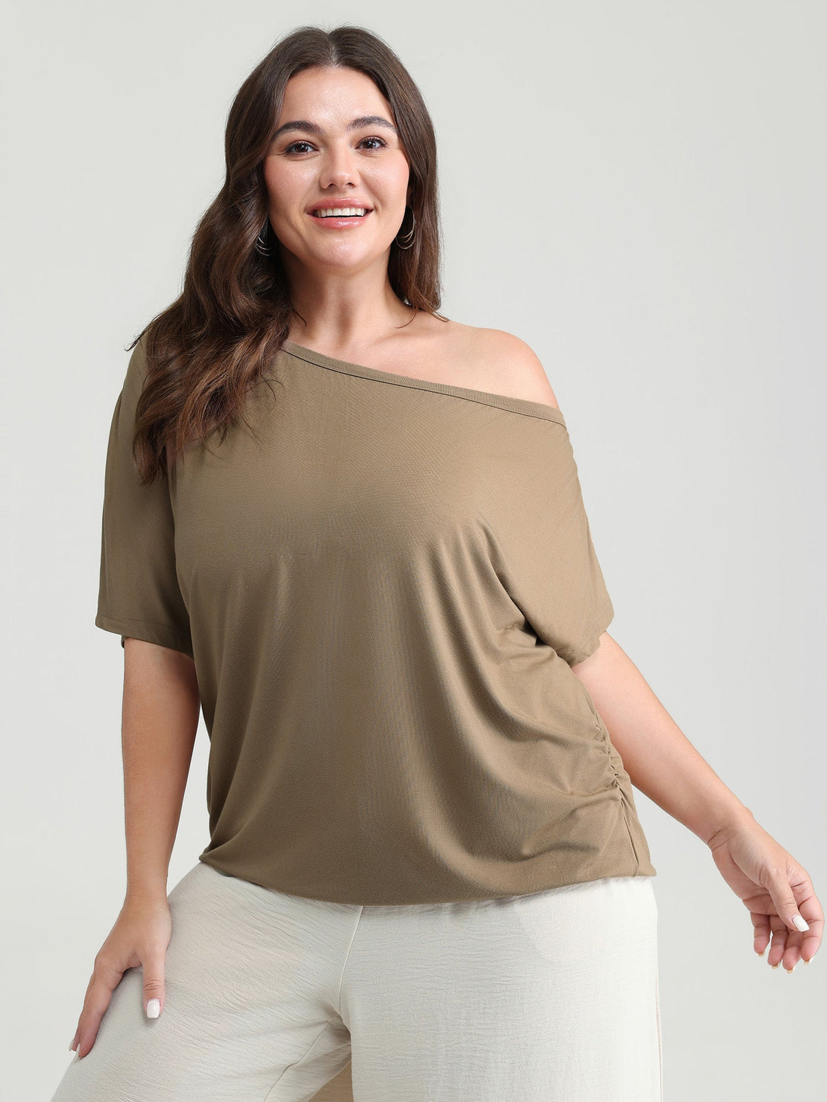 Supersoft One-Shoulder Draped Plain Knit Top