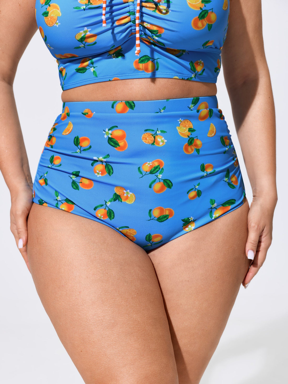 Citrus Print Ruched High Waisted Swim Bottoms