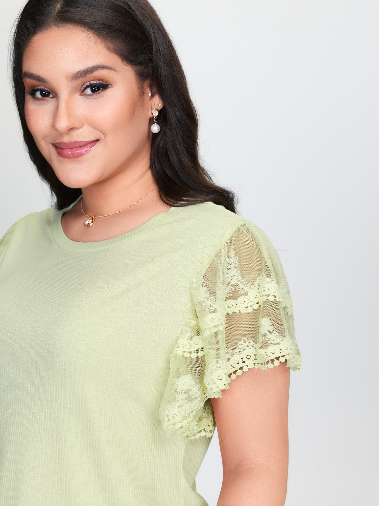 Sheer Lace Sleeve Plain T-Shirt