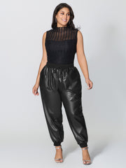 Ribbed Trim Spliced Leather Drawstring Pants