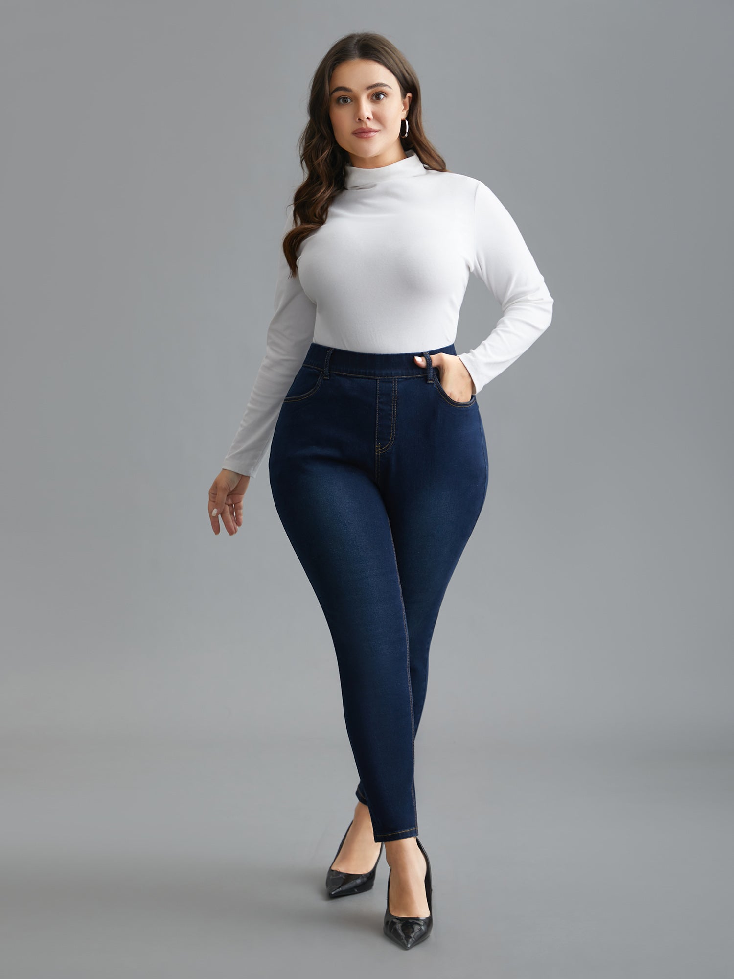 Elastic Waist Mid Rise Skinny Jeans
